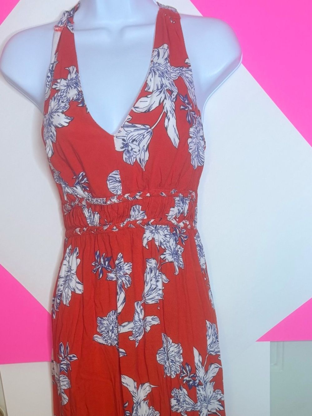 Coral Floral Halter Maxi Dress Small Beach Vacation Resort